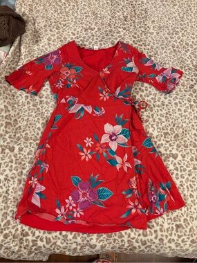 Red Floral Tropical Wrap Mini Dress Size XS